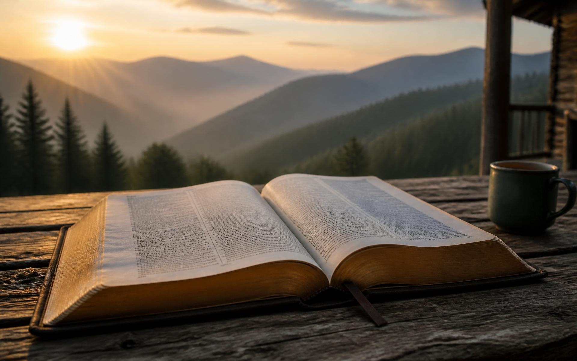 Open Bible on a wooden table at sunrise, warm golden light over misty mountains